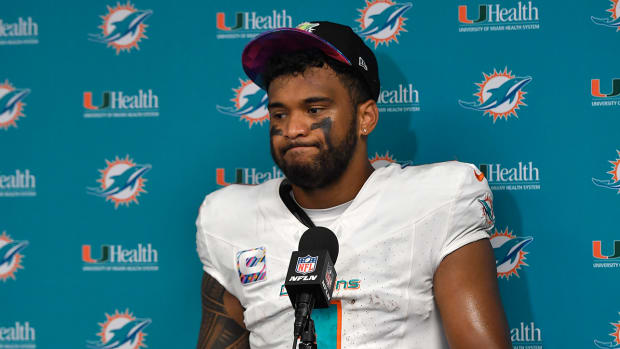 Dolphins quarterback Tua Tagovailoa during a press conference.